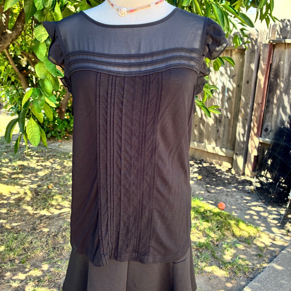 H&M Black Pintuck Pleated Ruffle Sleeve Blouse Sheer Yoke Top Large